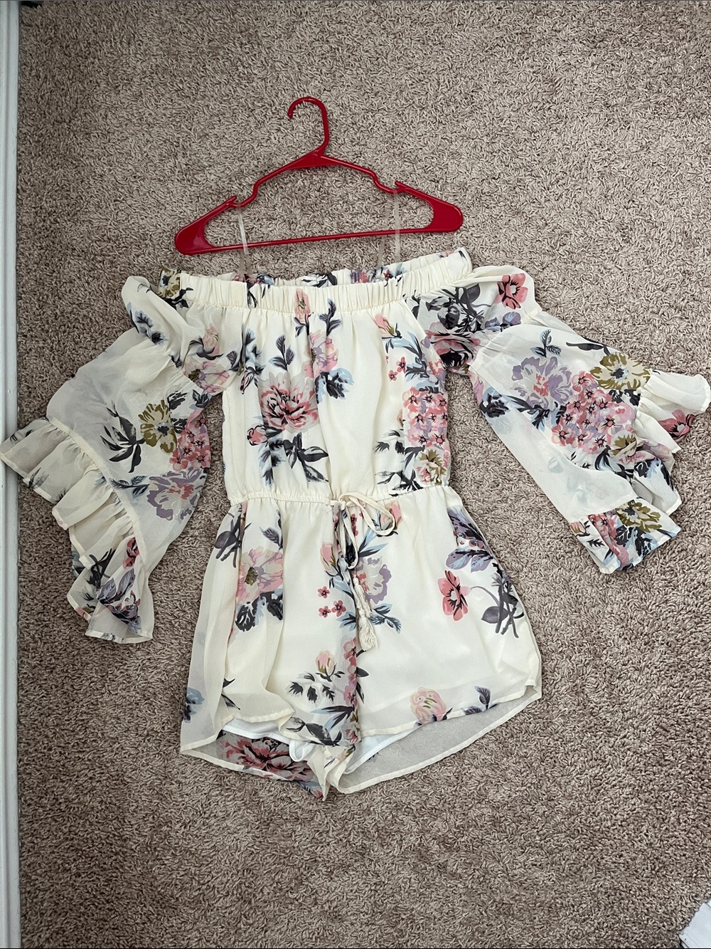 Floral Off-Shoulder Ruffle Romper in Cream